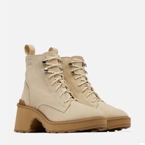 Sorel Hi-Line Heel Cream Lace Up Boots with Chunky Heel